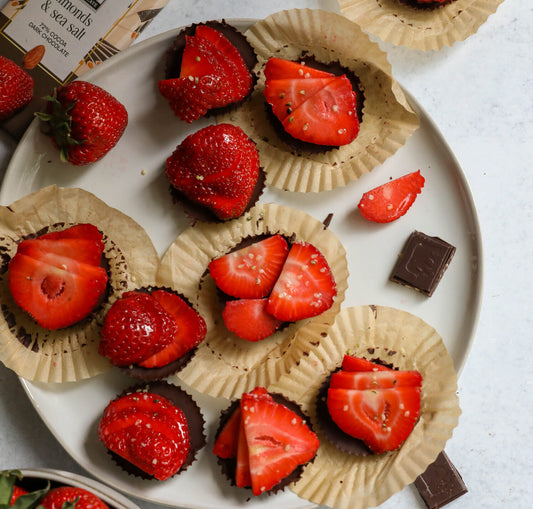 Chocolate Strawberry Cups with Endangered Species Chocolate Almonds, Sea Salt + 72% Dark Chocolate